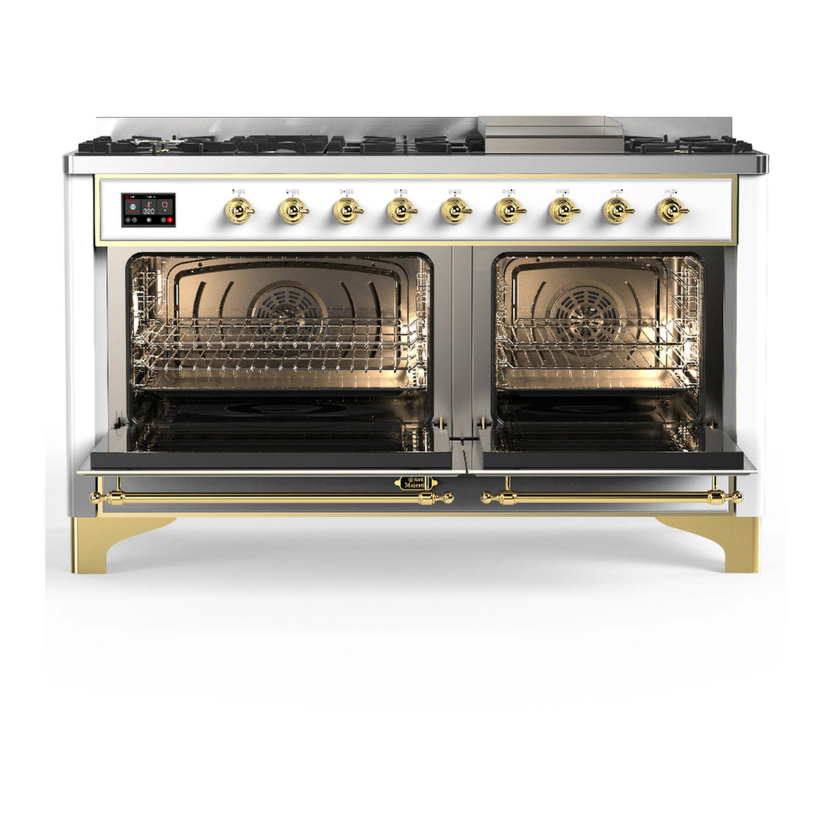 White electric ovens of a dual fuel range with brass trim and open dual oven doors