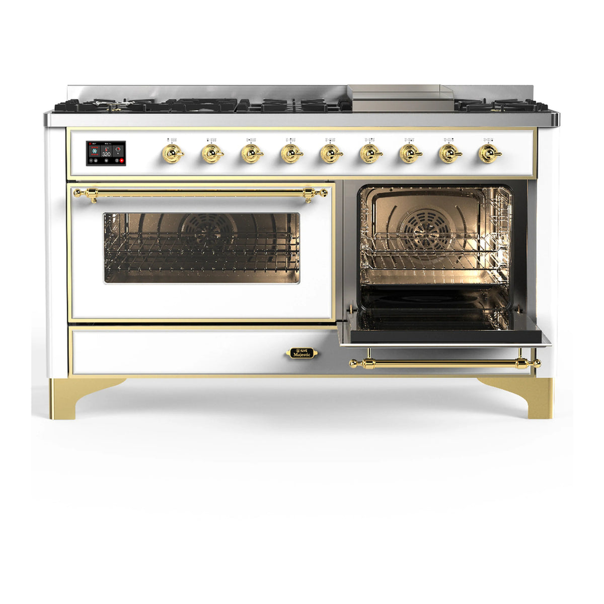 White dual fuel range with brass trim and one oven door open