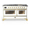 ILVE Majestic III 60-inch Dual Fuel Range with 5 Liquid Propane Burner, Griddle and Triple Glass Door Electric Oven in White with Brass Trim (UM60FNR3WHGLP)