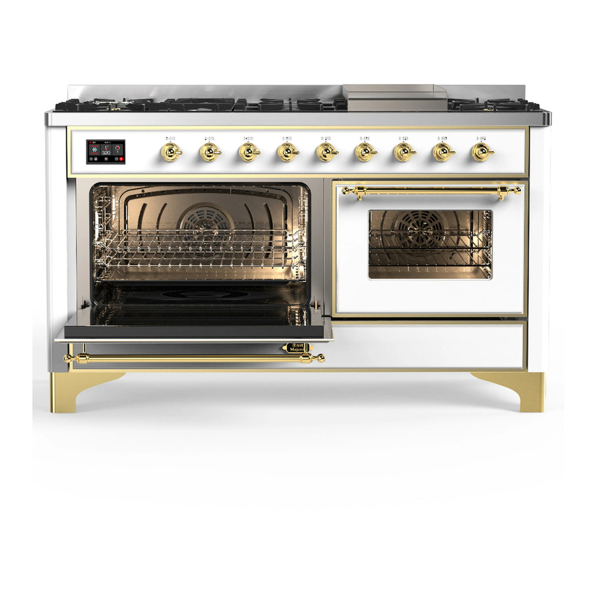 White dual fuel range with brass trim, left oven open and right oven door closed