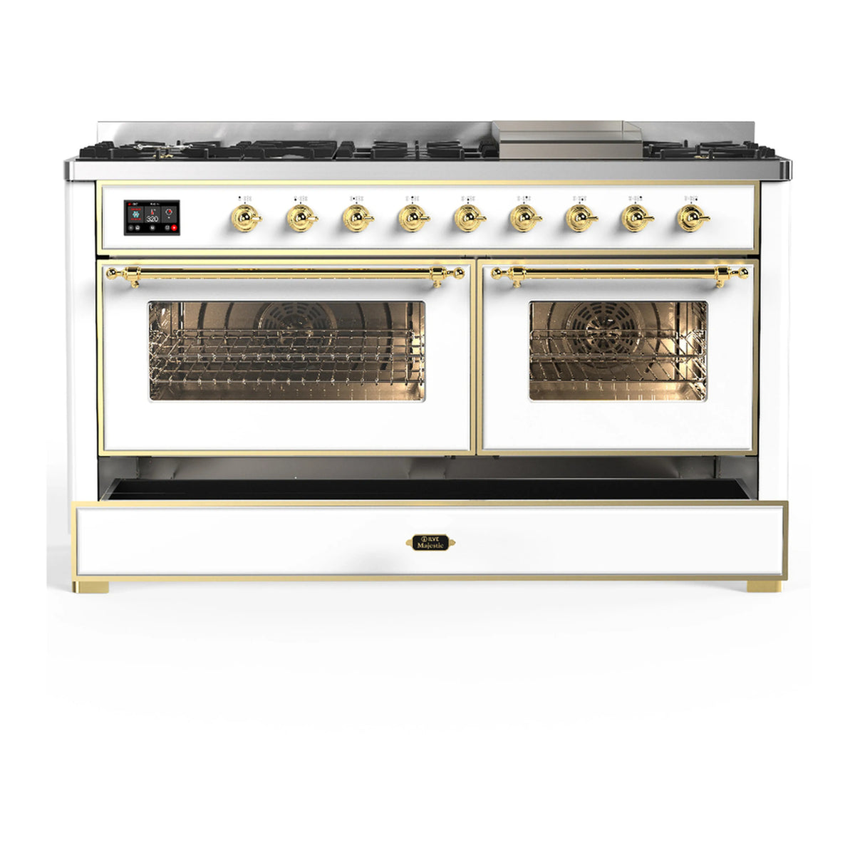 White dual fuel range with brass trim and two open ovens with lower drawer