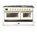 ILVE Majestic III 60-inch Dual Fuel Range with 7 Natural Gas Burner, Griddle and Triple Glass Door Electric Oven in White with Brass Trim (UM60FNR3WHG)