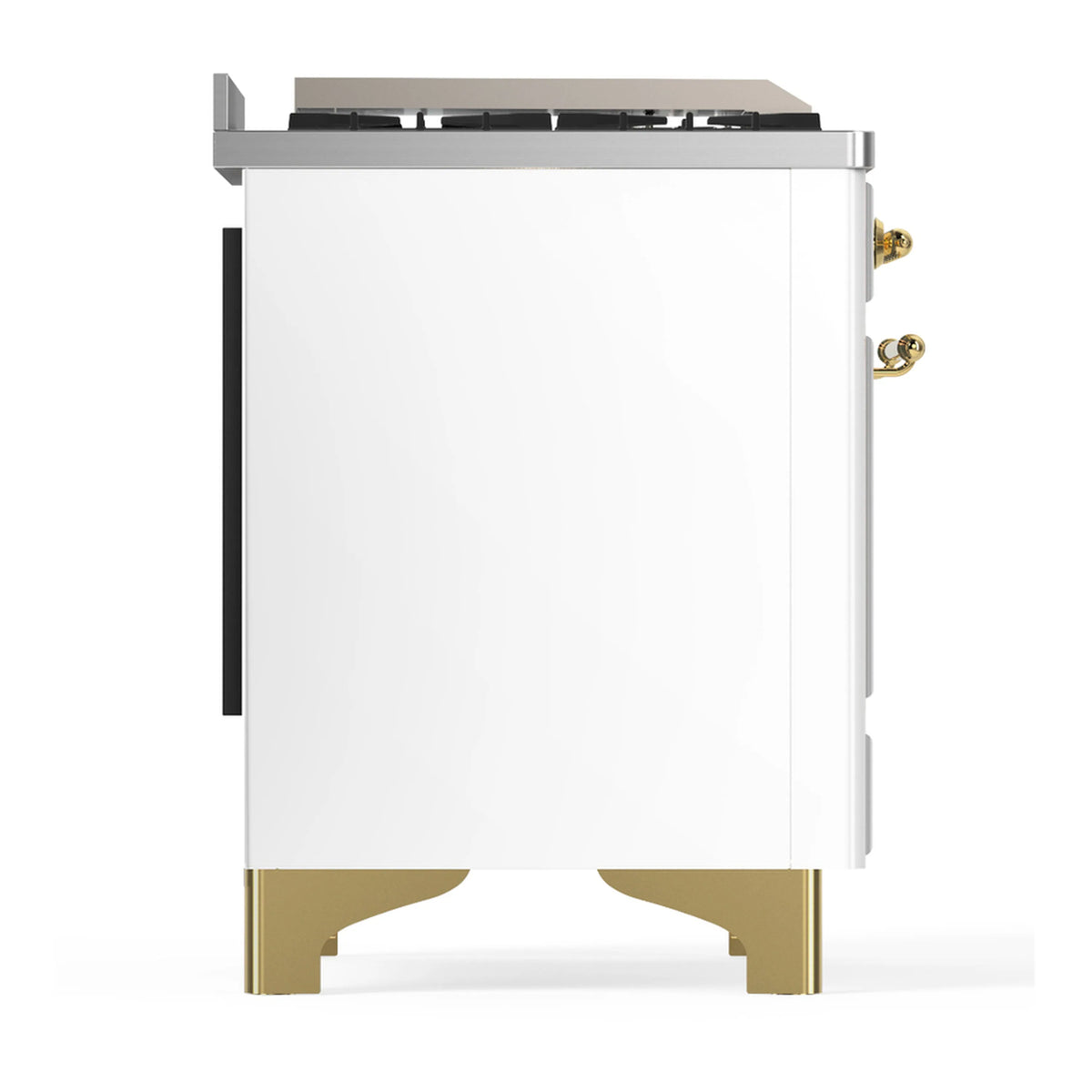 White dual fuel range with brass trim, side panel and oven door edge