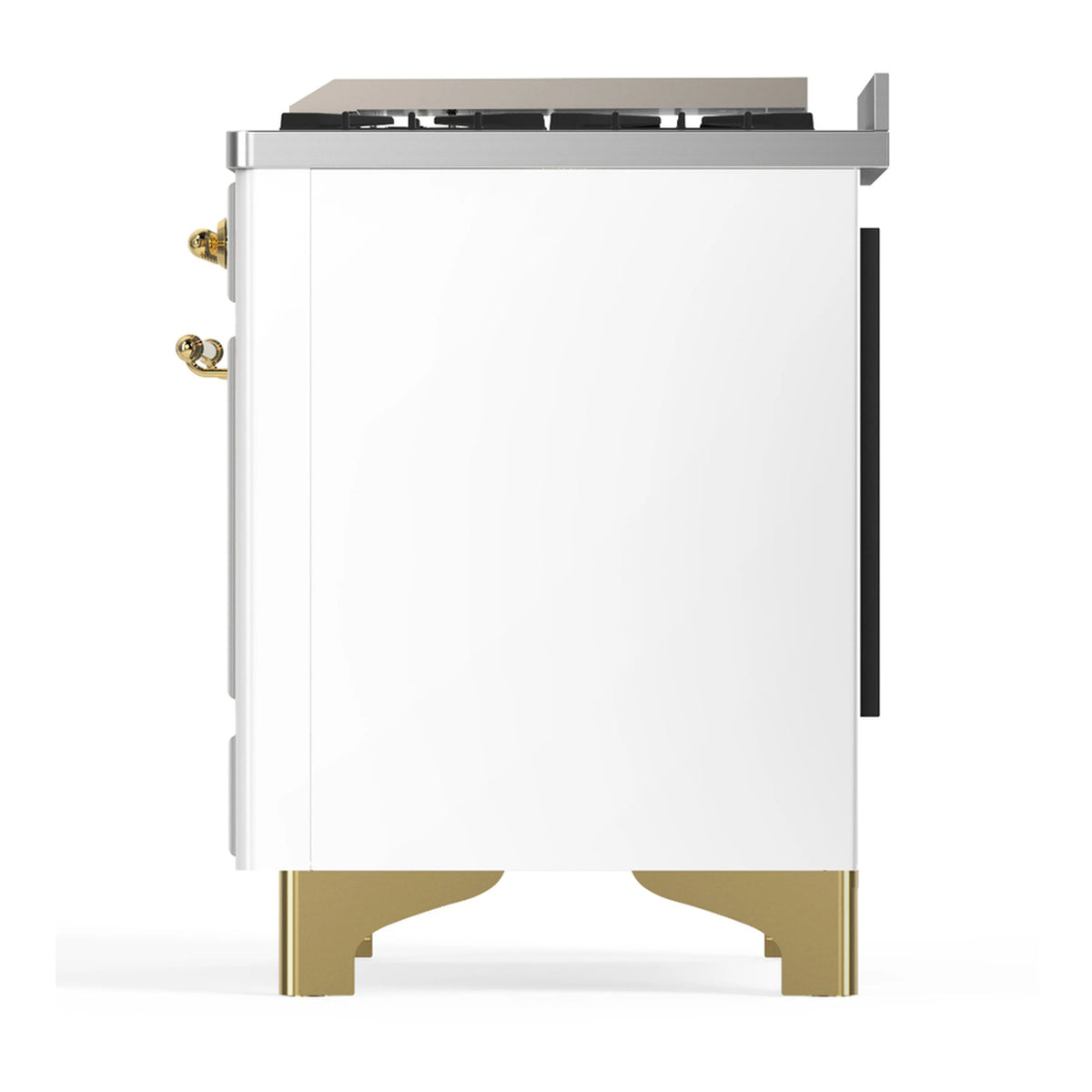 White dual fuel range with brass trim, side panel and leg base
