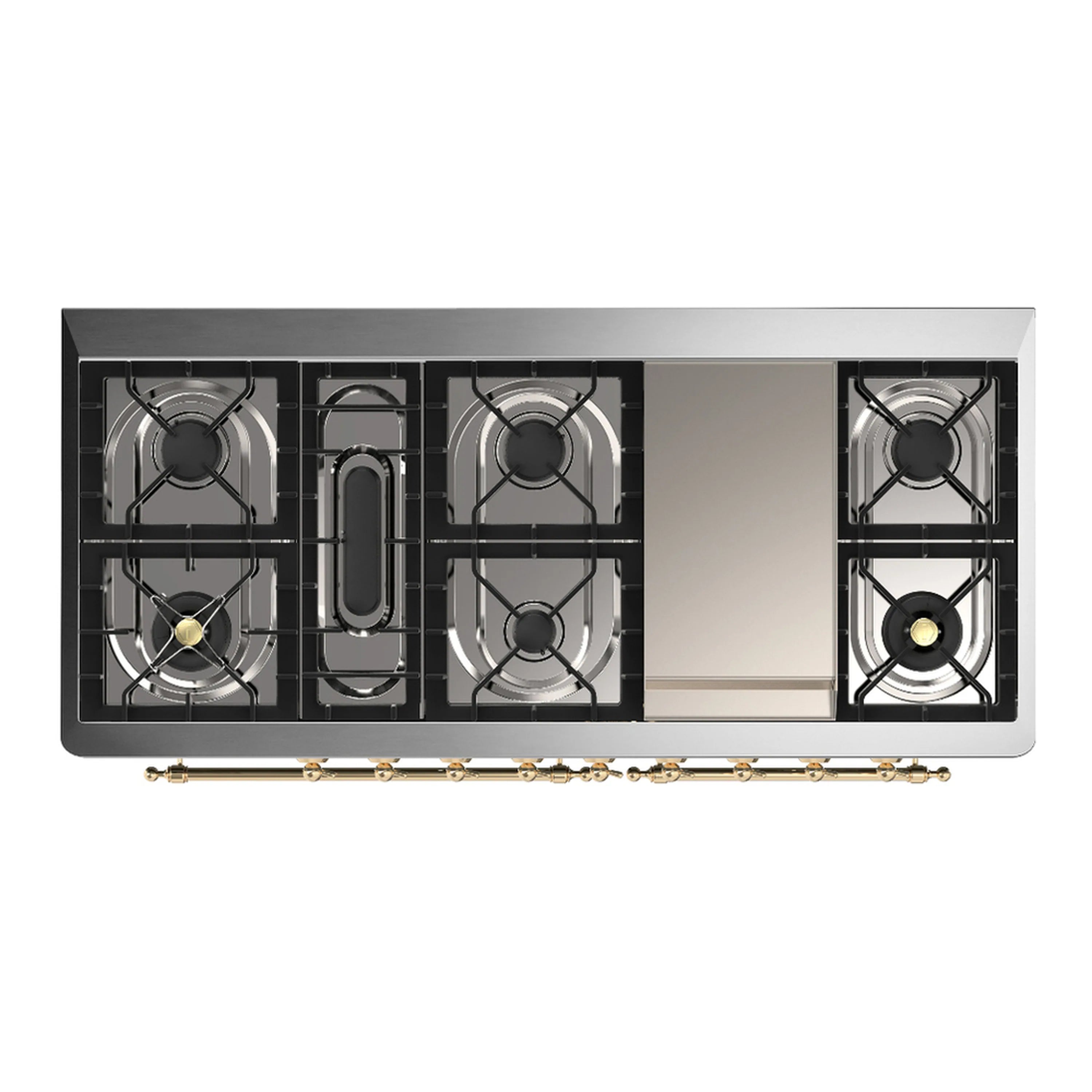 Dual fuel range cooktop with black grates and brass burner knobs