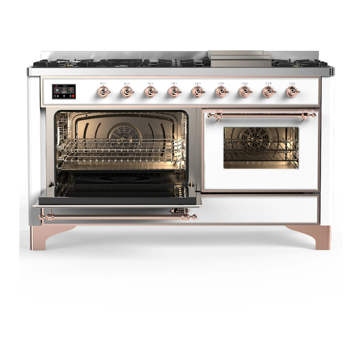 White dual fuel range with three front doors and copper trim; two oven windows