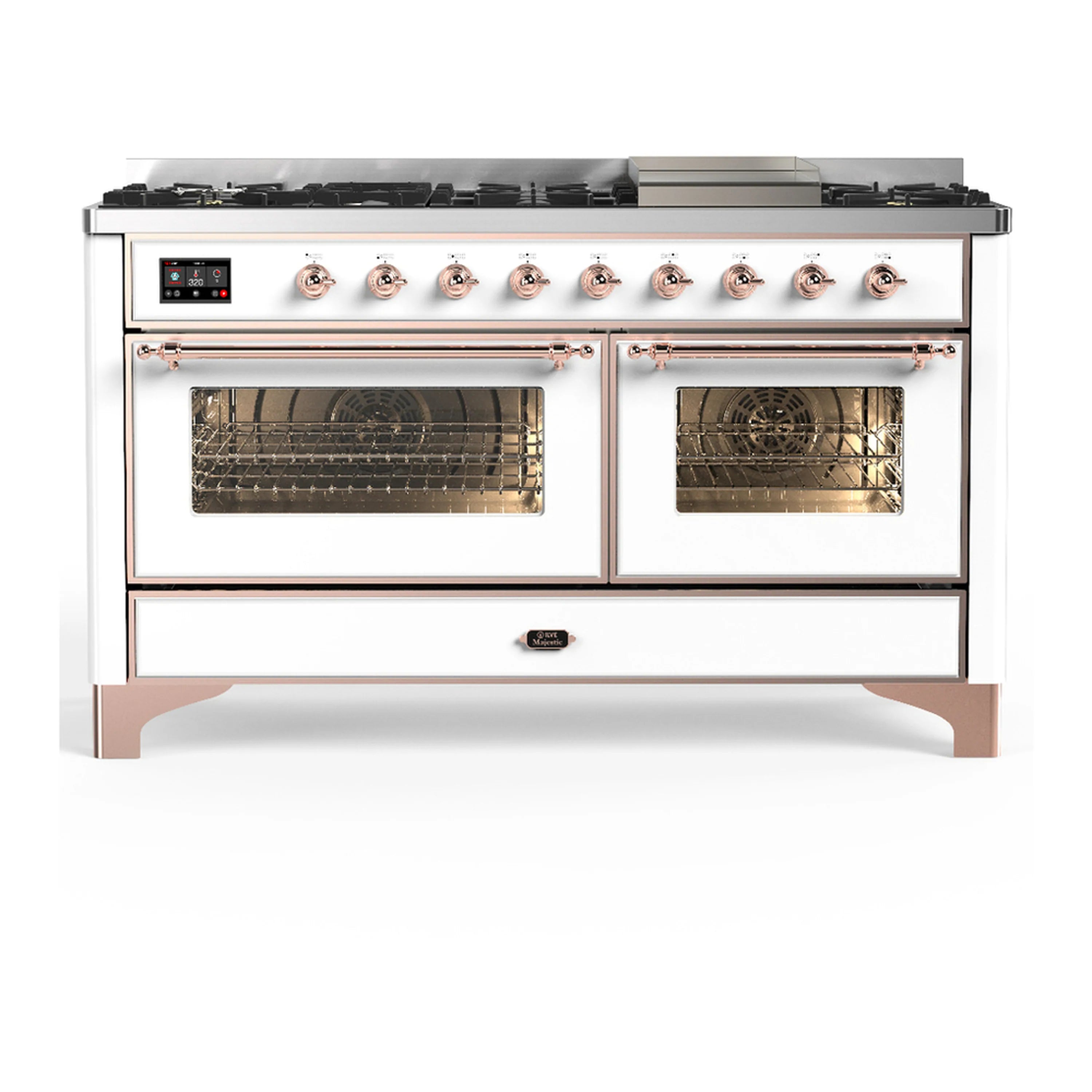White dual fuel range front view with two oven doors and copper-trimmed control knobs