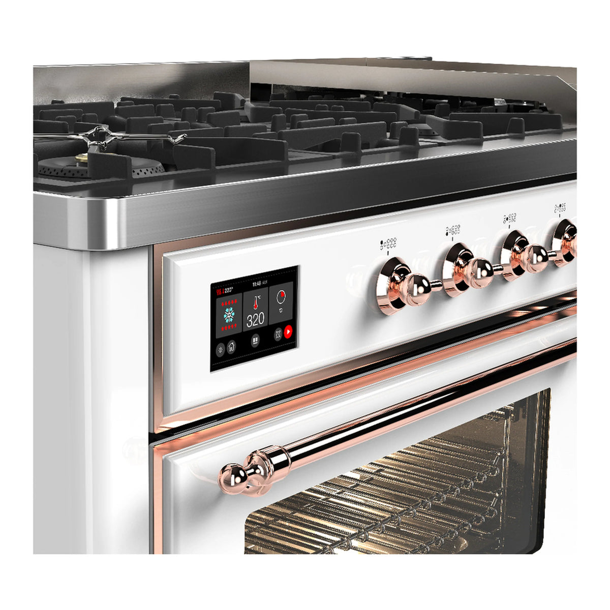 White dual fuel range with copper control knobs and digital display, oven door window