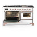 ILVE Majestic III 60-inch Dual Fuel Range with 7 Natural Gas Burner, Griddle and Triple Glass Door Electric Oven in White with Copper Trim (UM60FNR3WHP)