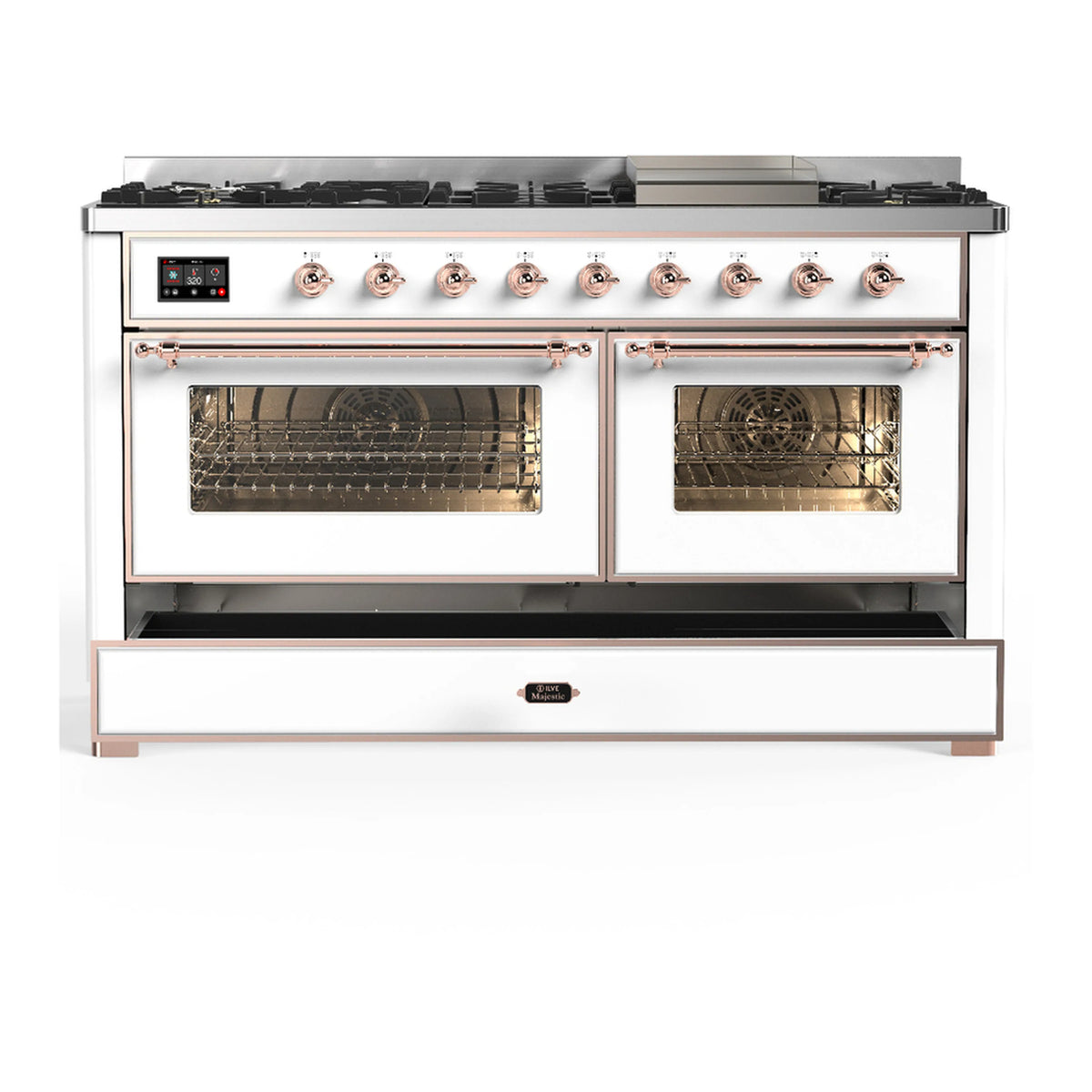 White range with copper trim, cooktop burners, two oven doors with glass windows