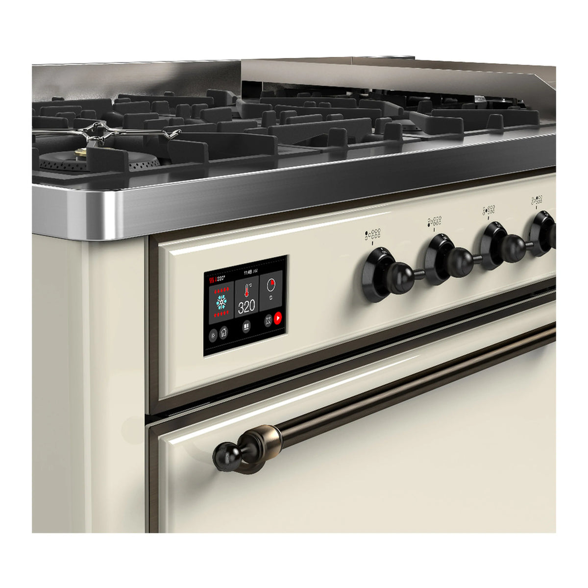 Antique white dual fuel range with black burner grates and stainless control knobs