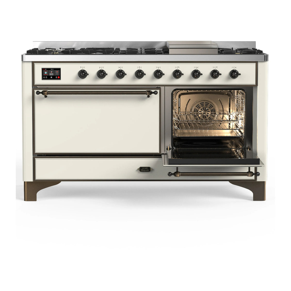 Antique white dual fuel range with one oven door open and a row of control knobs