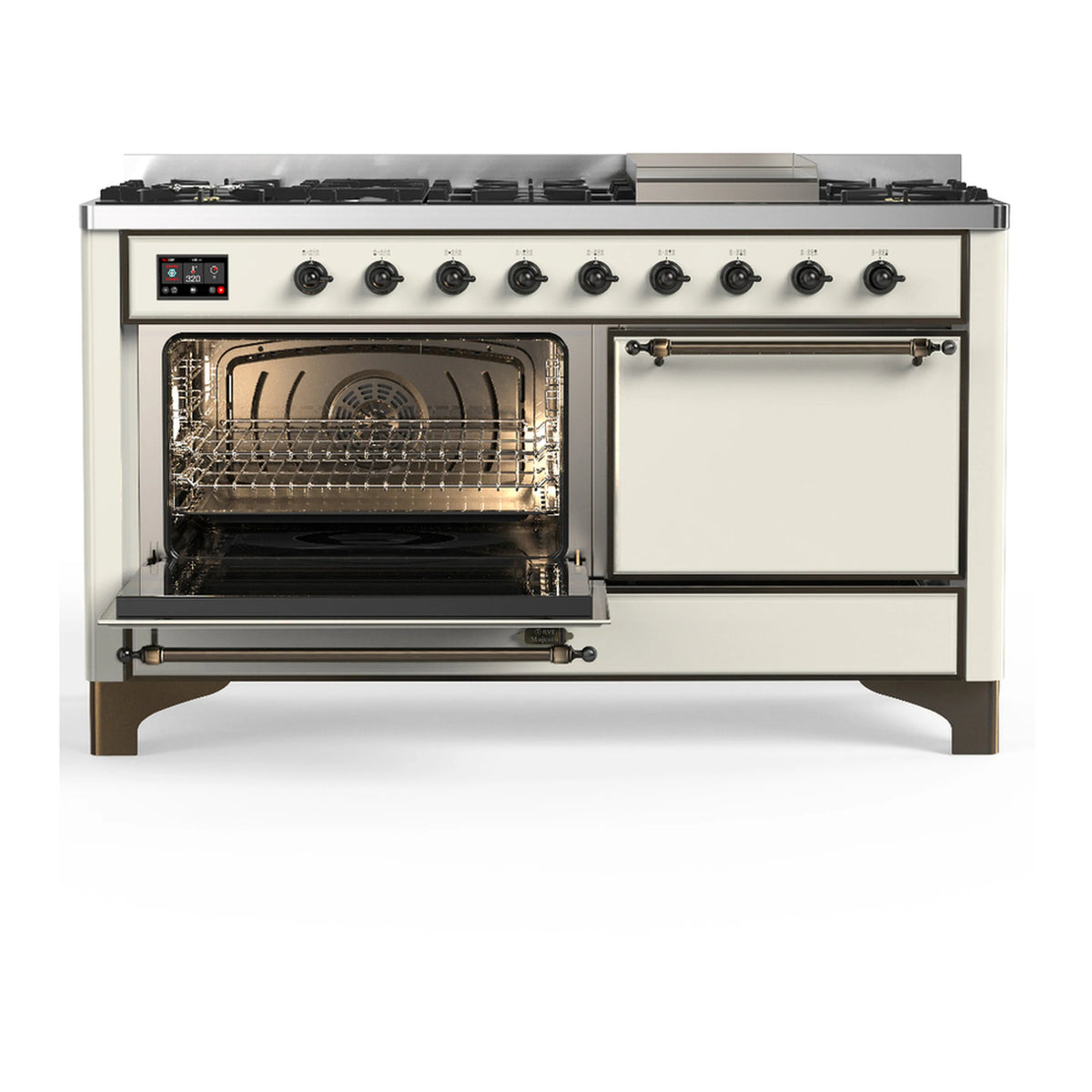 Antique white dual fuel range with oven window open and lower drawer closed