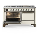 ILVE Majestic III 60-inch Dual Fuel Range with 5 Liquid Propane Burner, Griddle and Solid Door Electric Oven in Antique White with Burnished Trim (UM60FQNR3AWBLP)