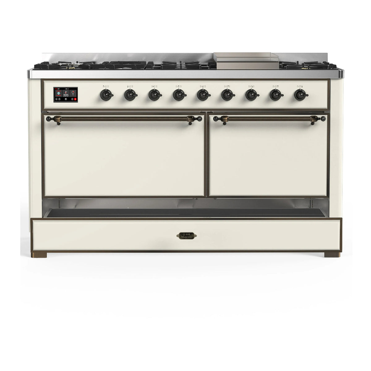 Antique white dual fuel range with twin doors and black control knobs