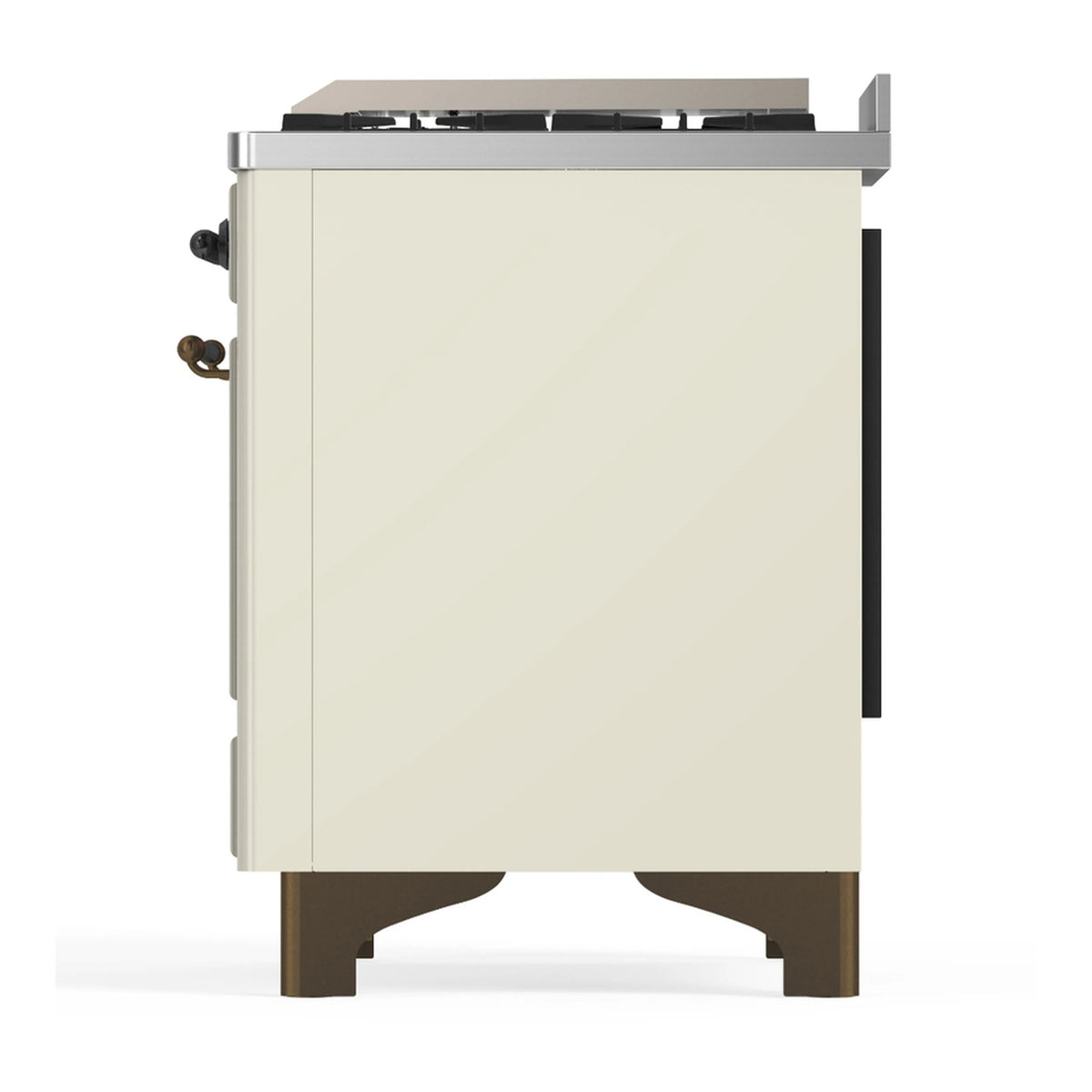 Antique white dual fuel range side view with black accents and brass-trimmed legs