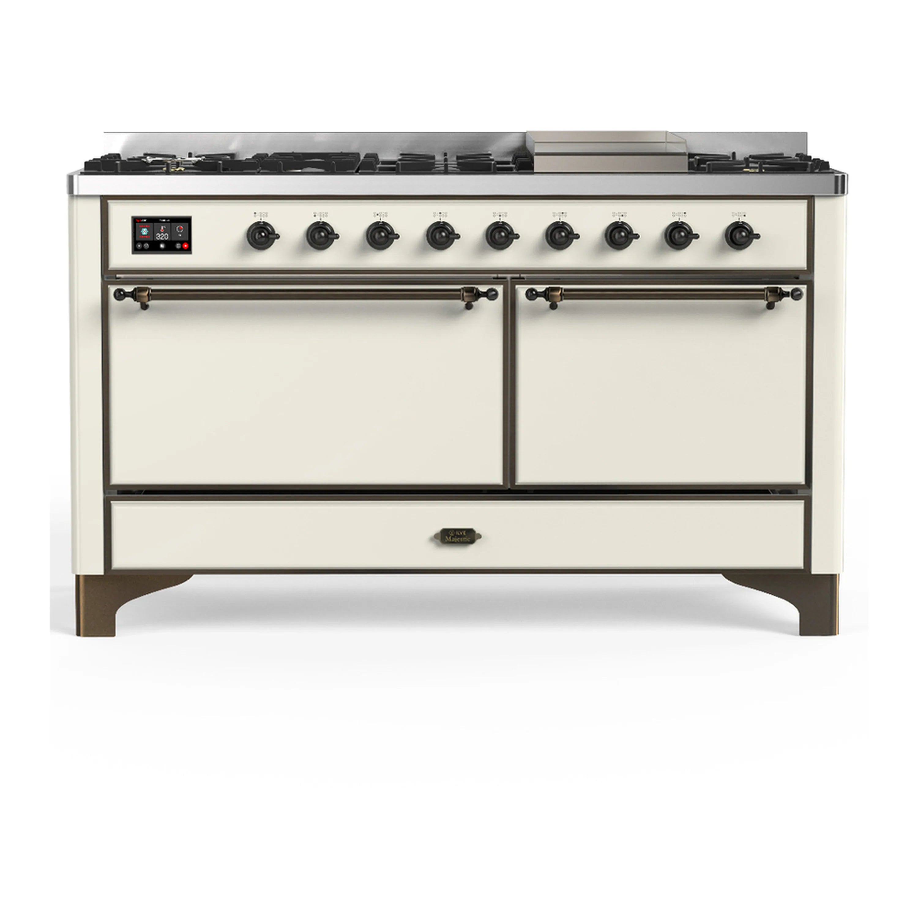 Antique white dual fuel range front view with closed doors and control panel knobs