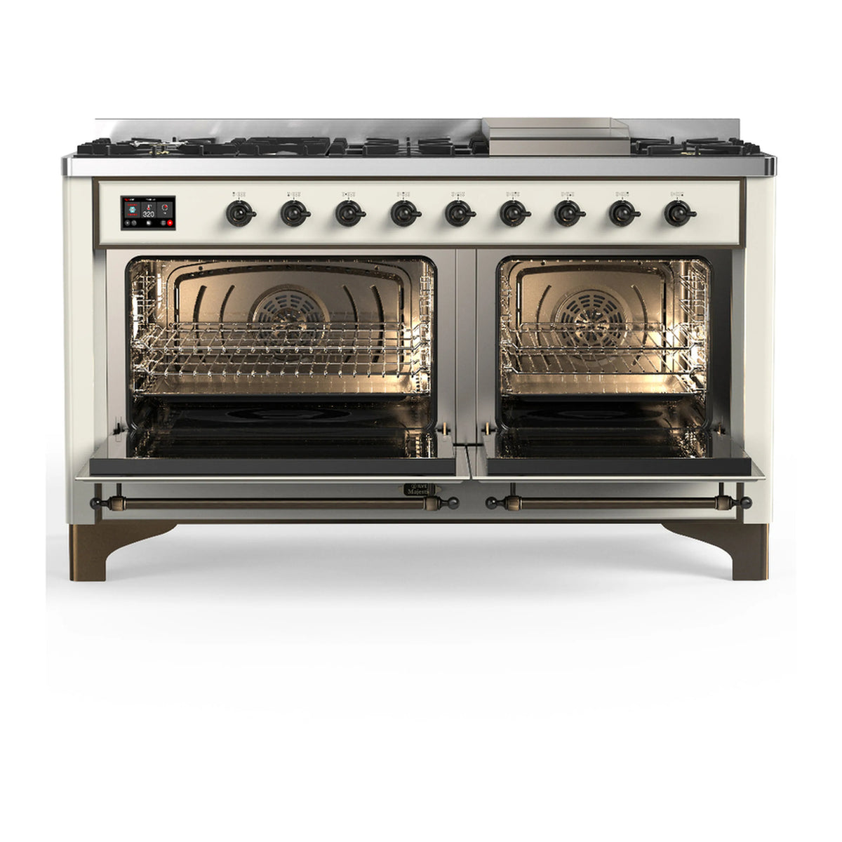 Antique white dual fuel range with both oven doors open, showing oven racks and burner grills