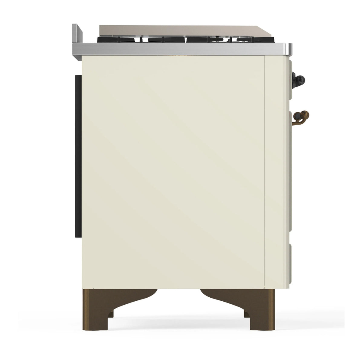 Antique white dual fuel range side panel with rear vent area and raised feet, side view