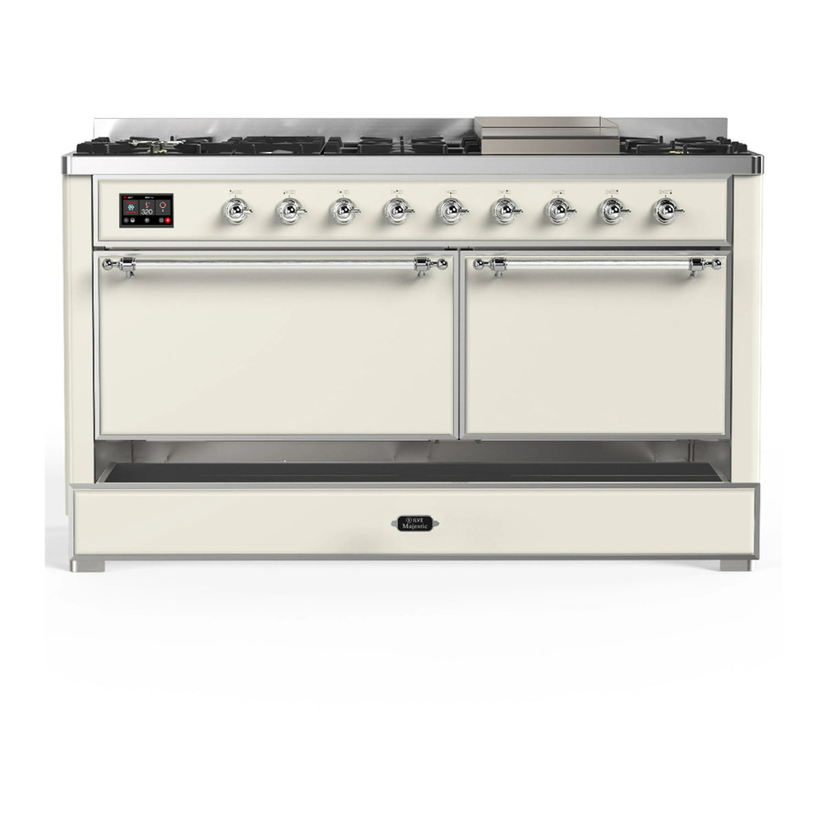 Antique white dual fuel range with two closed oven doors and front drawer panel