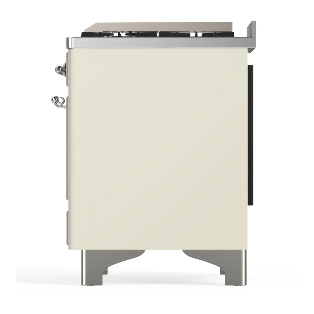 Antique white dual fuel range side view with chrome trim and black side handle