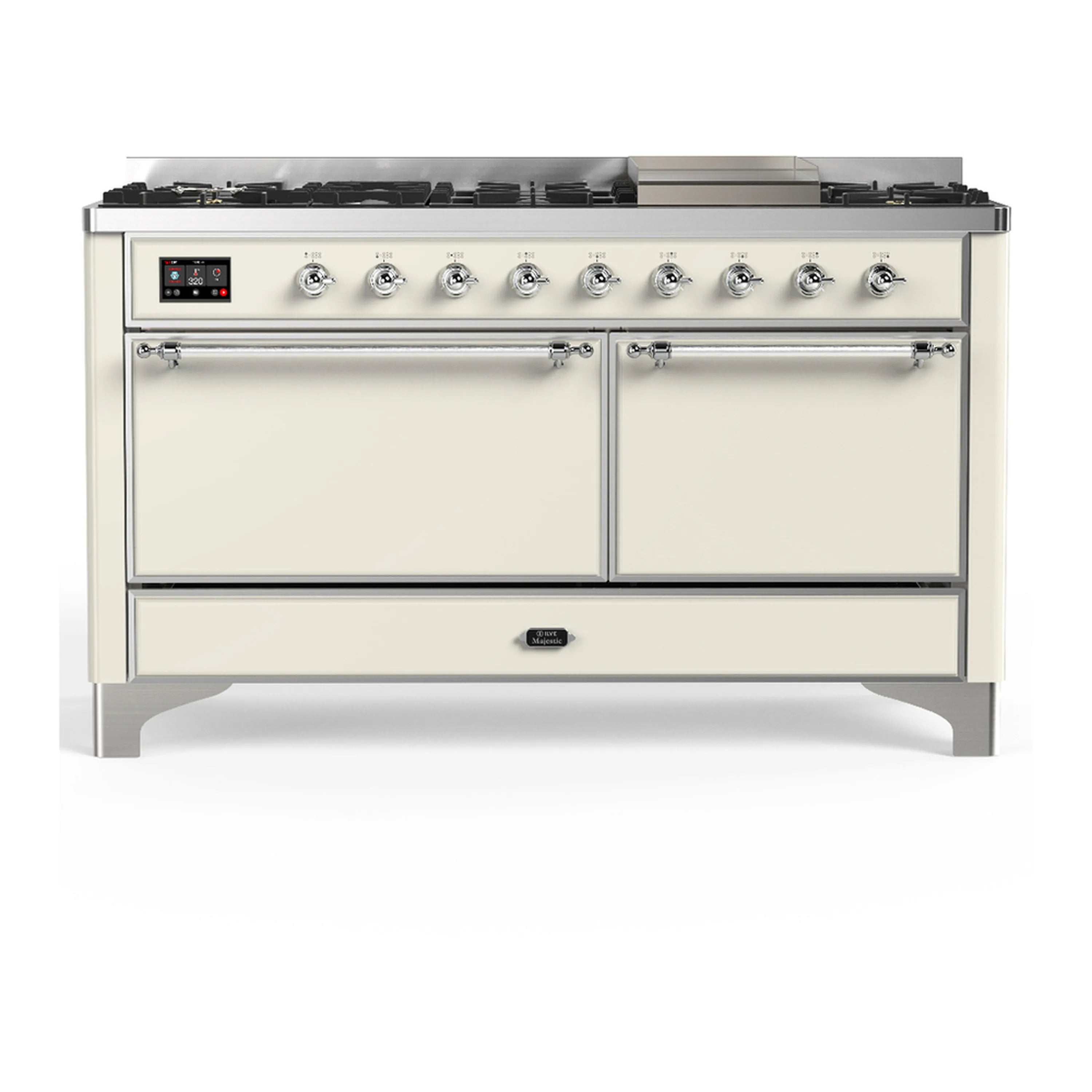 Antique white dual fuel range front view with two closed oven doors and control knobs