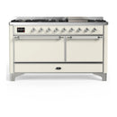 ILVE Majestic III 60-inch Dual Fuel Range with 5 Liquid Propane Burner, Griddle and Solid Door Electric Oven in Antique White with Chrome Trim (UM60FQNR3AWCLP)