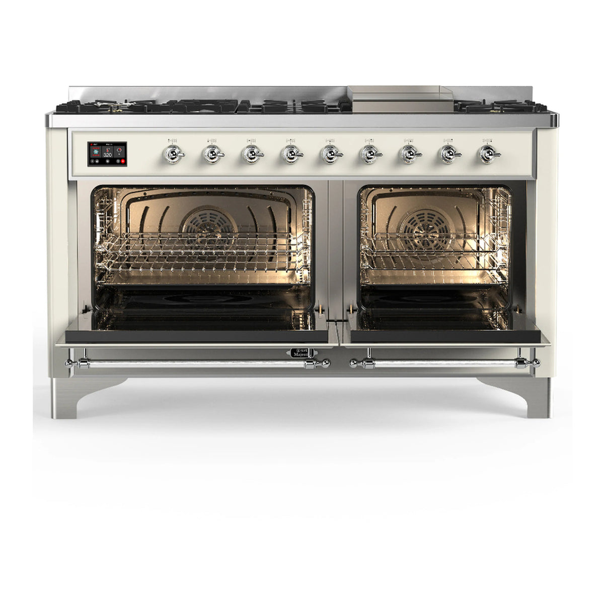 Antique white dual fuel range with two open ovens, chrome racks and interior burners