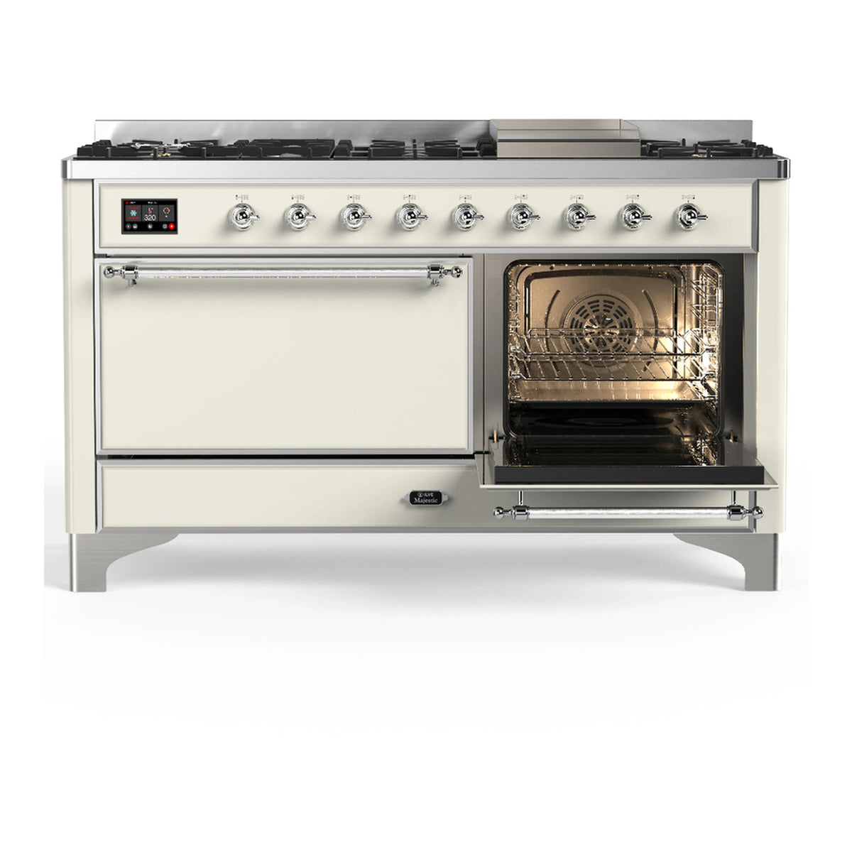 Antique white dual fuel range with closed left oven door and open right oven