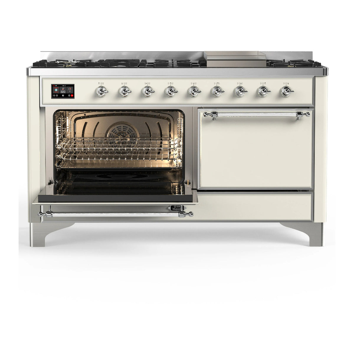 Antique white dual fuel range with open oven and raised oven control rail