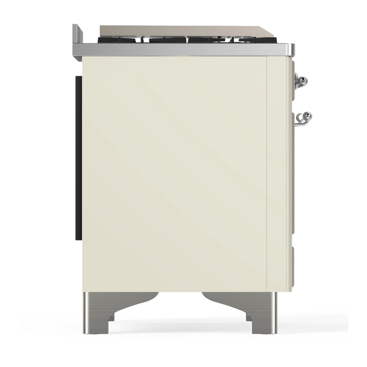 Antique white dual fuel range side panel with chrome legs and side handle
