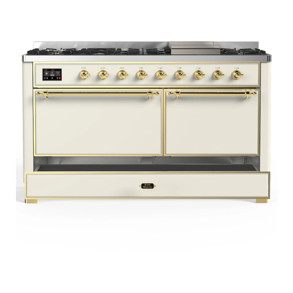 Antique white dual fuel range with two cabinet doors and brass trim
