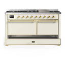 ILVE Majestic III 60-inch Dual Fuel Range with 5 Liquid Propane Burner, Griddle and Solid Door Electric Oven in Antique White with Brass Trim (UM60FQNR3AWGLP)