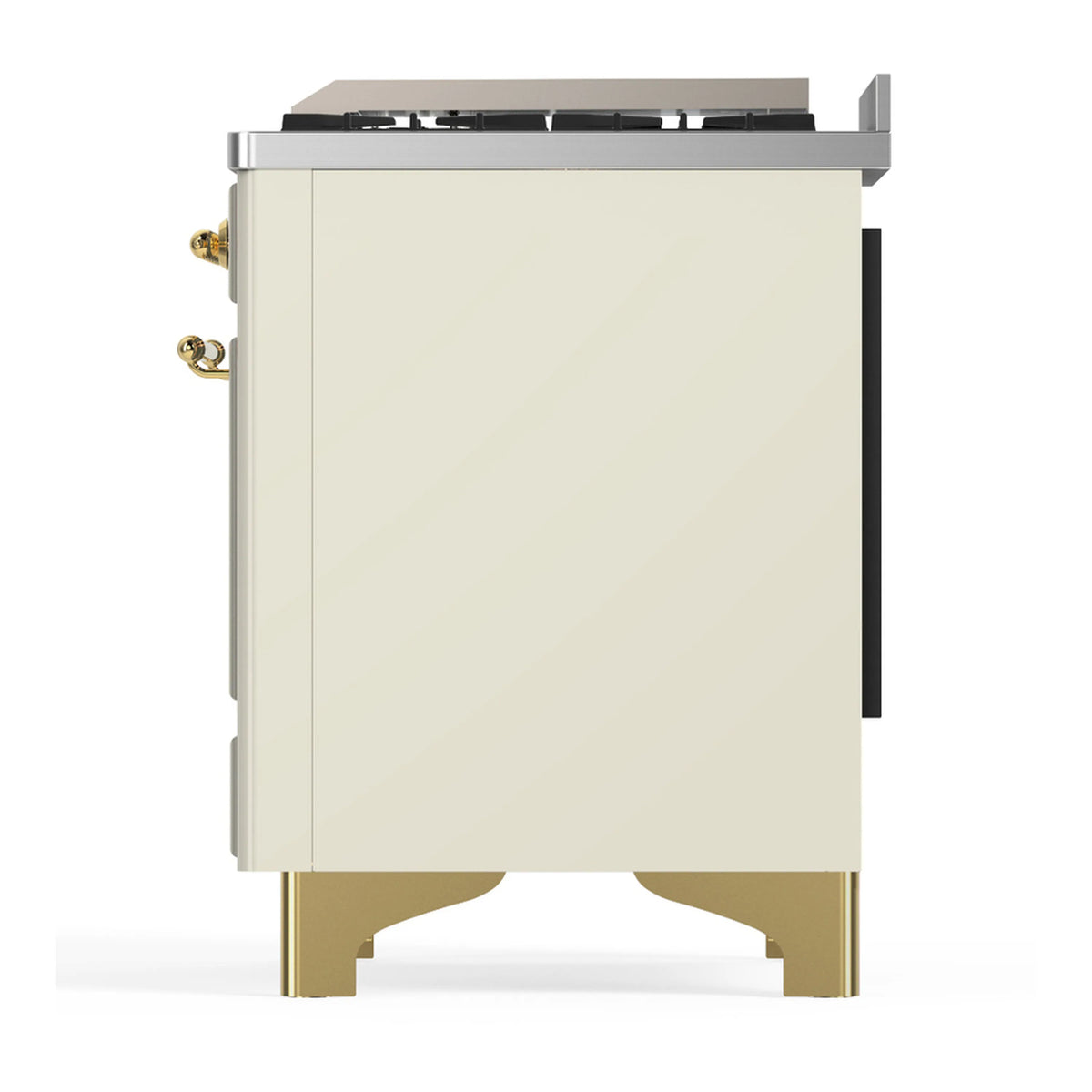 Antique white dual fuel range back panel side view with brass trim