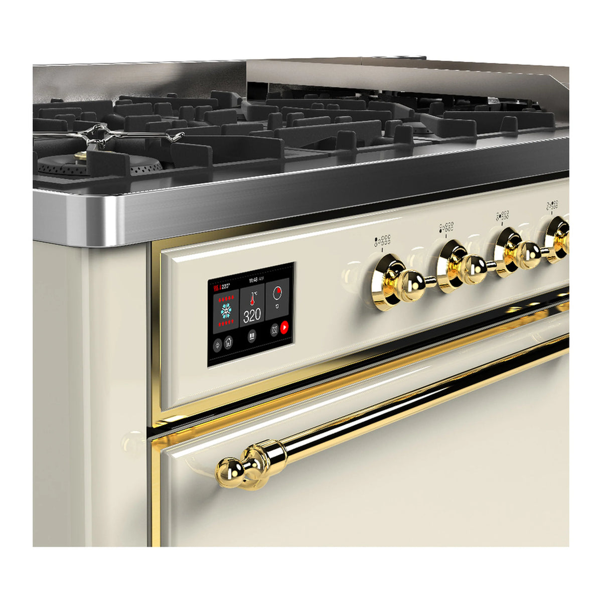 Antique white dual fuel range with brass-trimmed controls and black burner grates