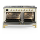 ILVE Majestic III 60-inch Dual Fuel Range with 7 Natural Gas Burner, Griddle and Solid Door Electric Oven in Antique White with Brass Trim (UM60FQNR3AWG)