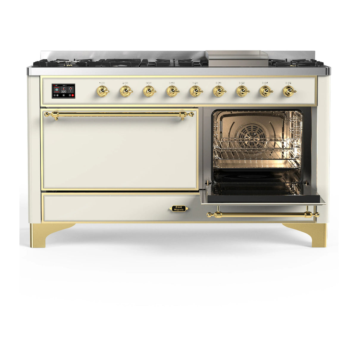 Antique white dual fuel range with brass trim, one open oven door and front panel