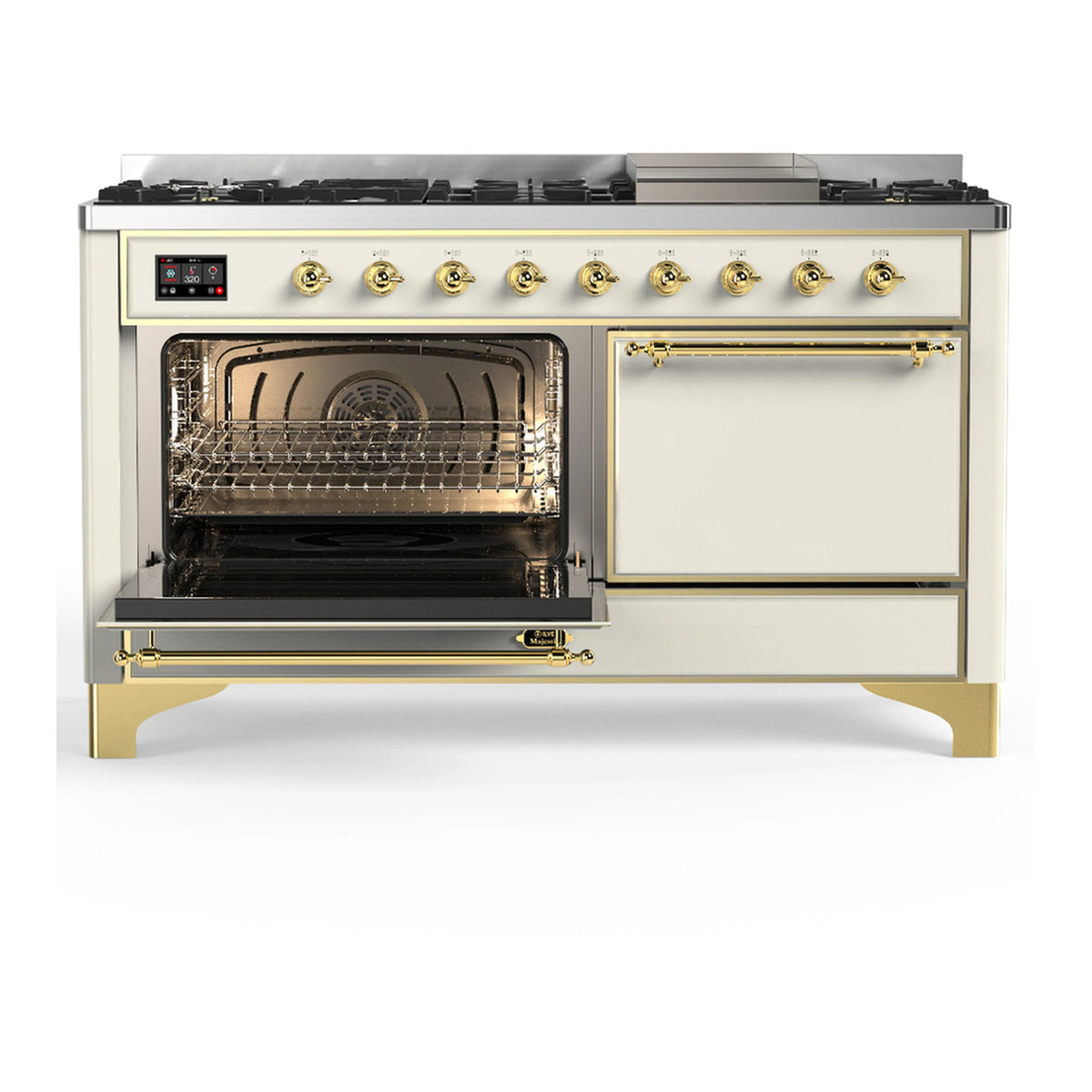 Antique white dual fuel range with brass trim, open oven window and closed oven door