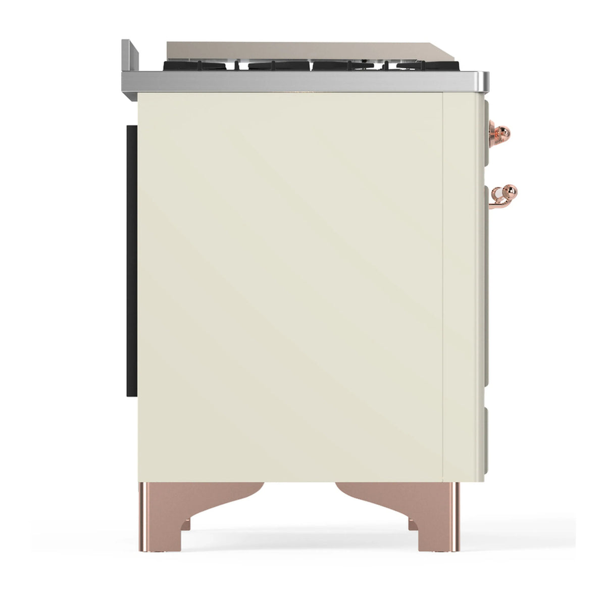 Antique white dual fuel range side view with copper corner trim and control panel edge