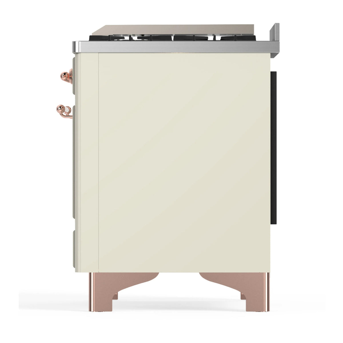 Antique white dual fuel range angled side view with copper trim and black top surface