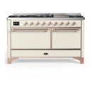 ILVE Majestic III 60-inch Dual Fuel Range with 5 Liquid Propane Burner, Griddle and Solid Door Electric Oven in Antique White with Copper Trim (UM60FQNR3AWPLP)