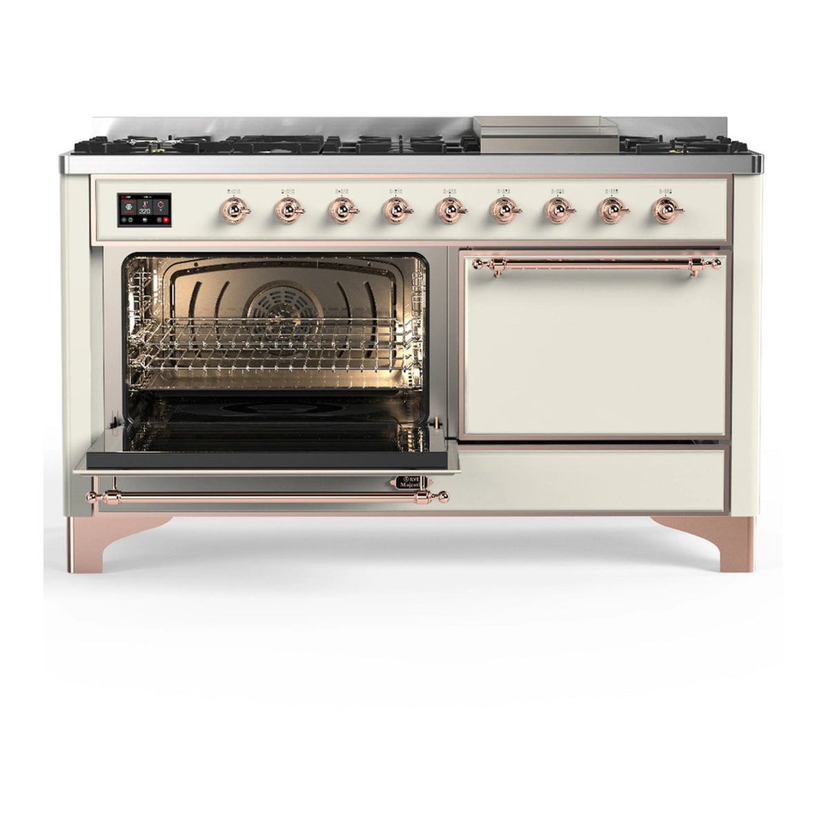 Antique white dual fuel range with copper trim, left oven window open and right solid door