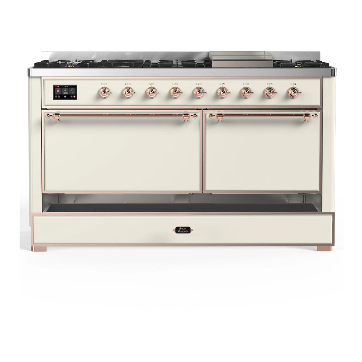 Antique white dual fuel range with copper trim, two lower cabinet doors and front control panel