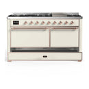 ILVE Majestic III 60-inch Dual Fuel Range with 7 Natural Gas Burner, Griddle and Solid Door Electric Oven in Antique White with Copper Trim (UM60FQNR3AWP)