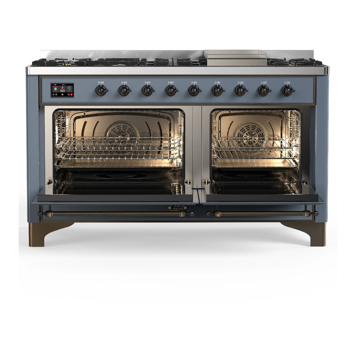 Blue-grey dual fuel range with open electric oven doors and wire racks, front view.