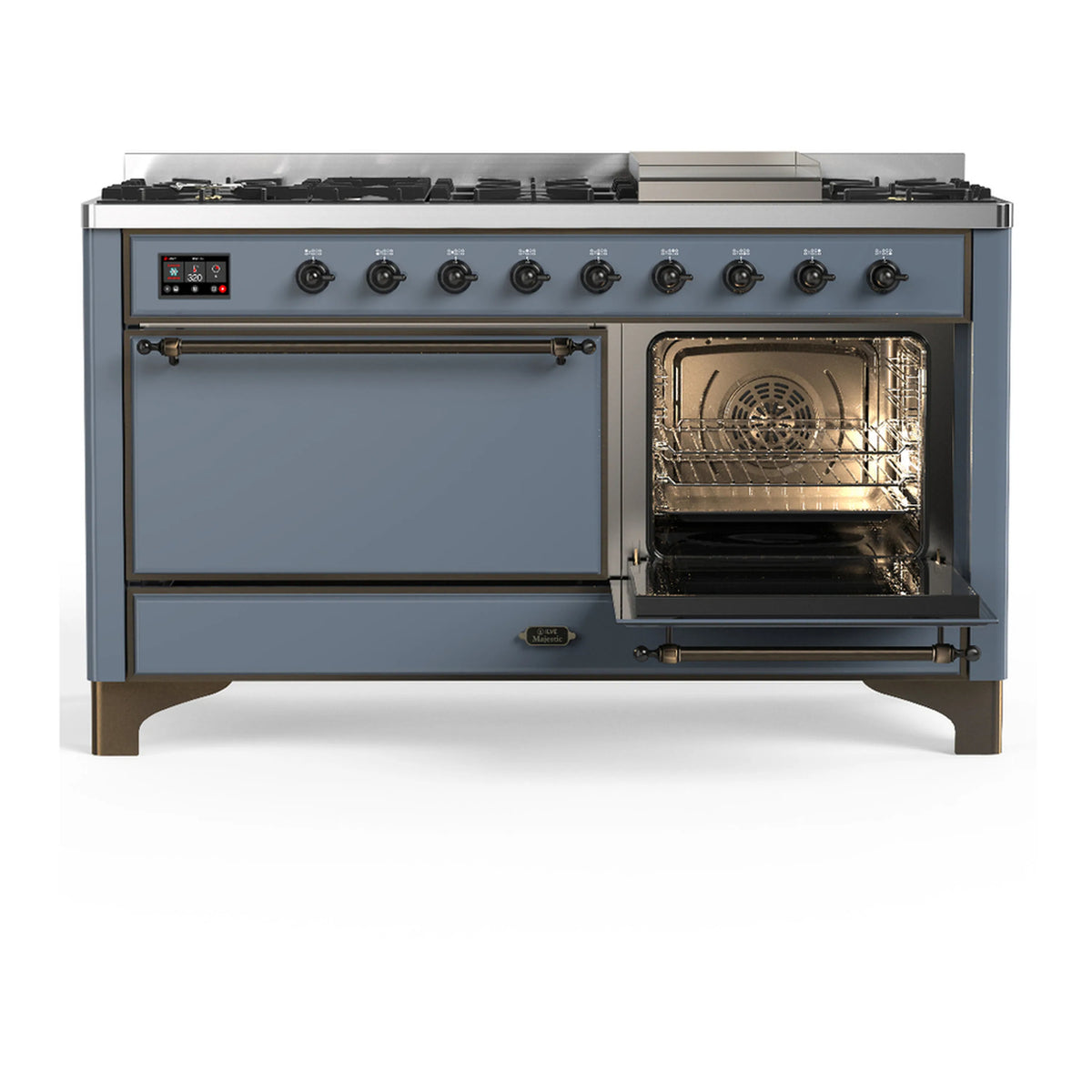 Blue-grey dual fuel range with one oven door open, interior racks visible, front view.