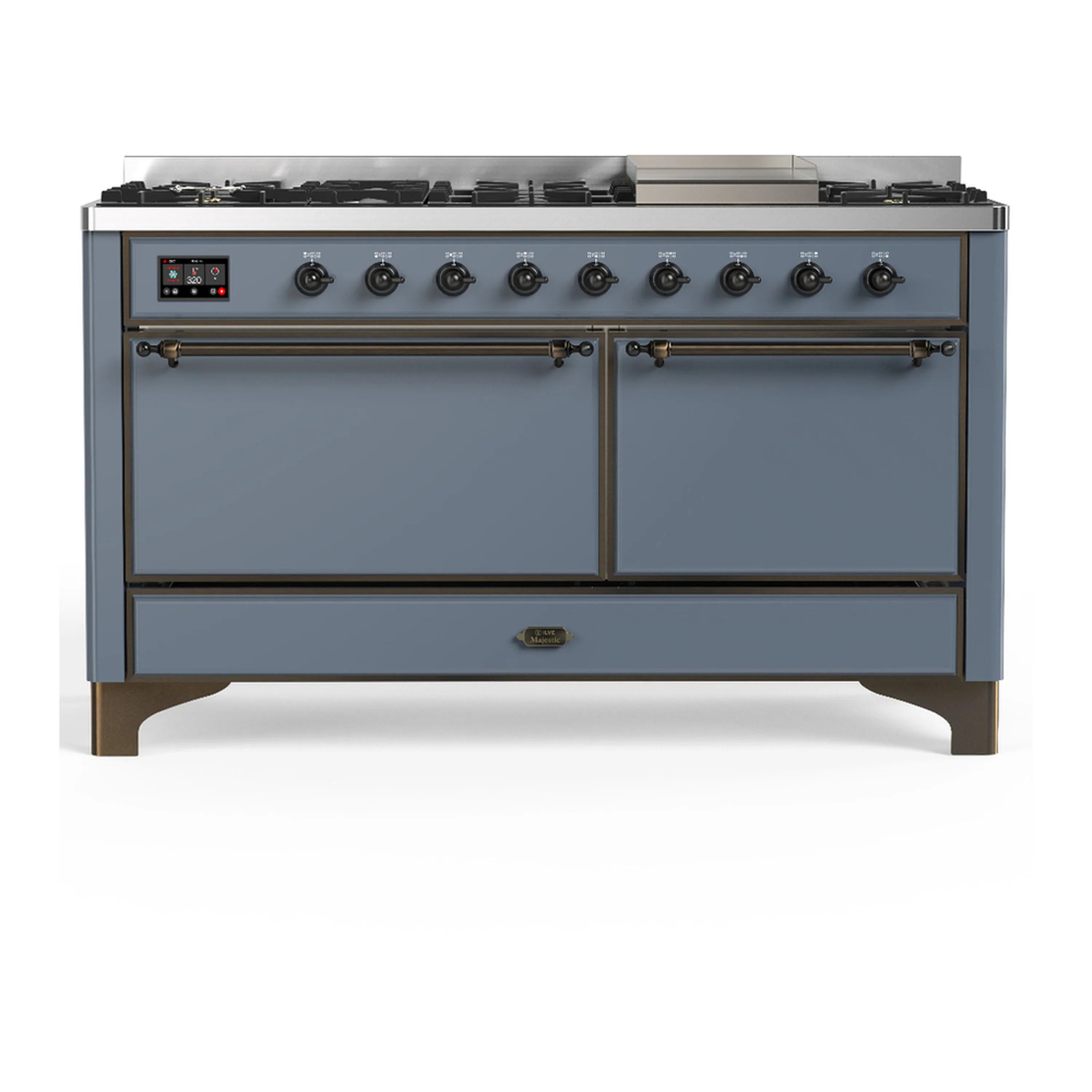 Blue-grey dual fuel range with two closed oven doors and control panel, front view.