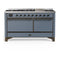 ILVE Majestic III 60-inch Dual Fuel Range with 5 Liquid Propane Burner, Griddle and Solid Door Electric Oven in Blue Grey with Burnished Trim (UM60FQNR3BGBLP)