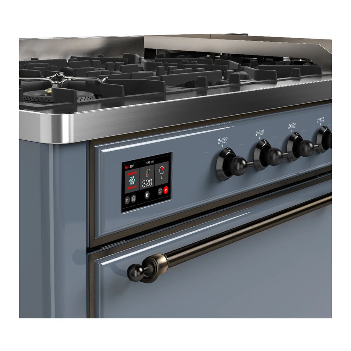 Blue grey dual fuel range control panel with knobs and digital display