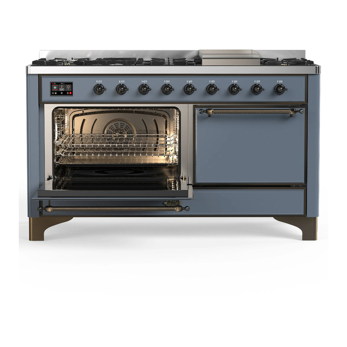 Blue grey dual fuel range with one oven door open and interior oven fan